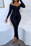 Goosudu Solid Color Off Shoulder Solid Color Long Sleeve Jumpsuit