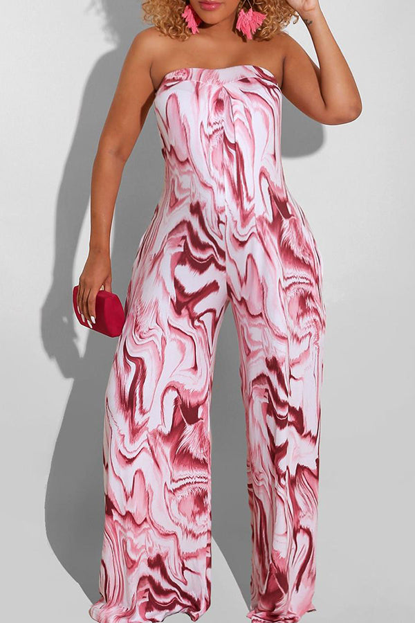 Goosudu Fashion Bandeau Marble Print Wide Leg Loose Jumpsuit