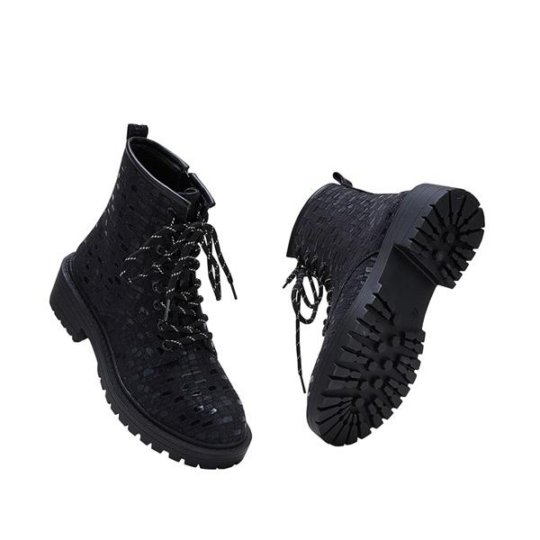 Goosudu Women Sexy Sequin Lace-Up Ankle Chunky Heel Boots