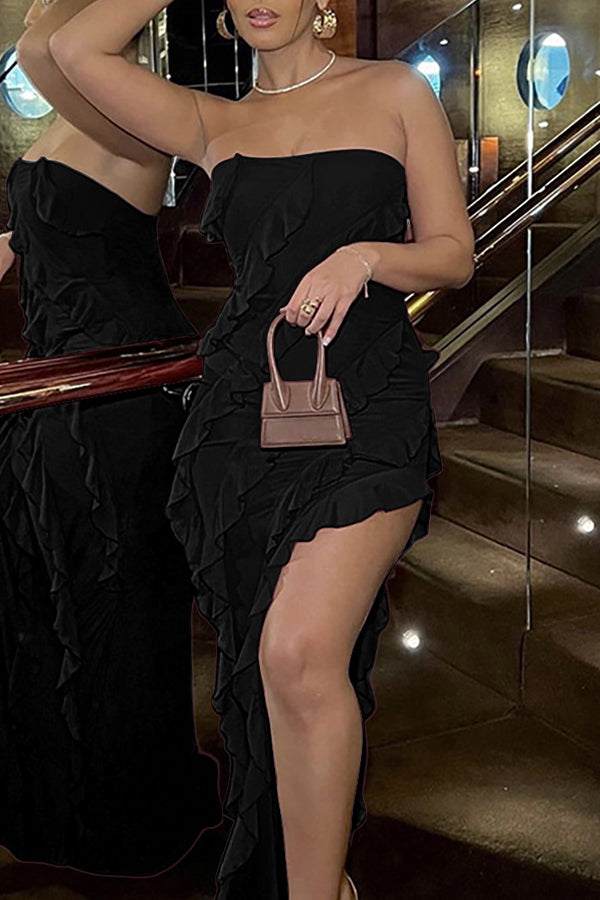 Goosudu Elegant Wrapped Ruffles Slit Maxi Dress