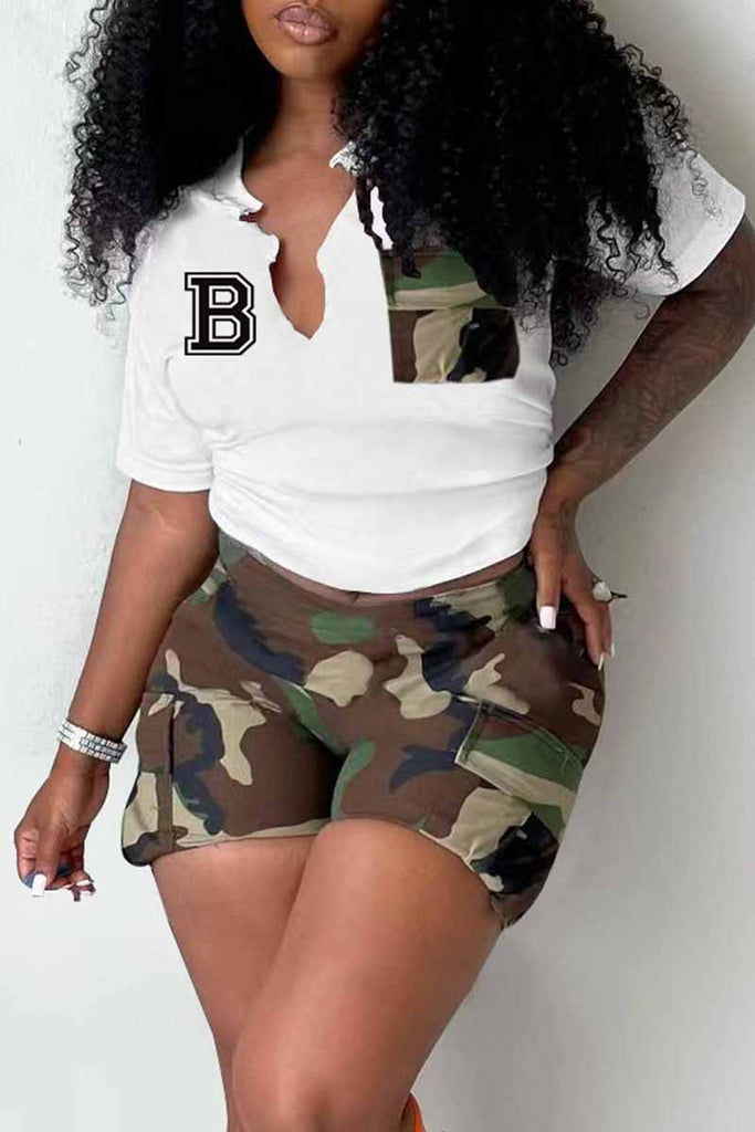 Goosudu Casual Print Letter V Neck Short Sleeve Two Pieces