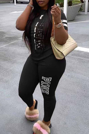 Goosudu Casual Print Letter O Neck Short Sleeve Two Pieces