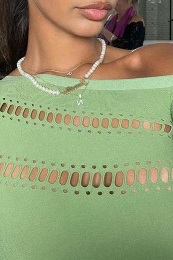 Goosudu Off-Shoulder Jacquard Long-Sleeve Romper