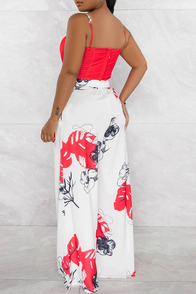 Goosudu Sexy Celebrities Floral Patchwork Zipper Spaghetti Strap Sleeveless Two Pieces