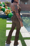 Goosudu Sexy Houndstooth Print Deep V Neck Slim Fit Halter Jumpsuits