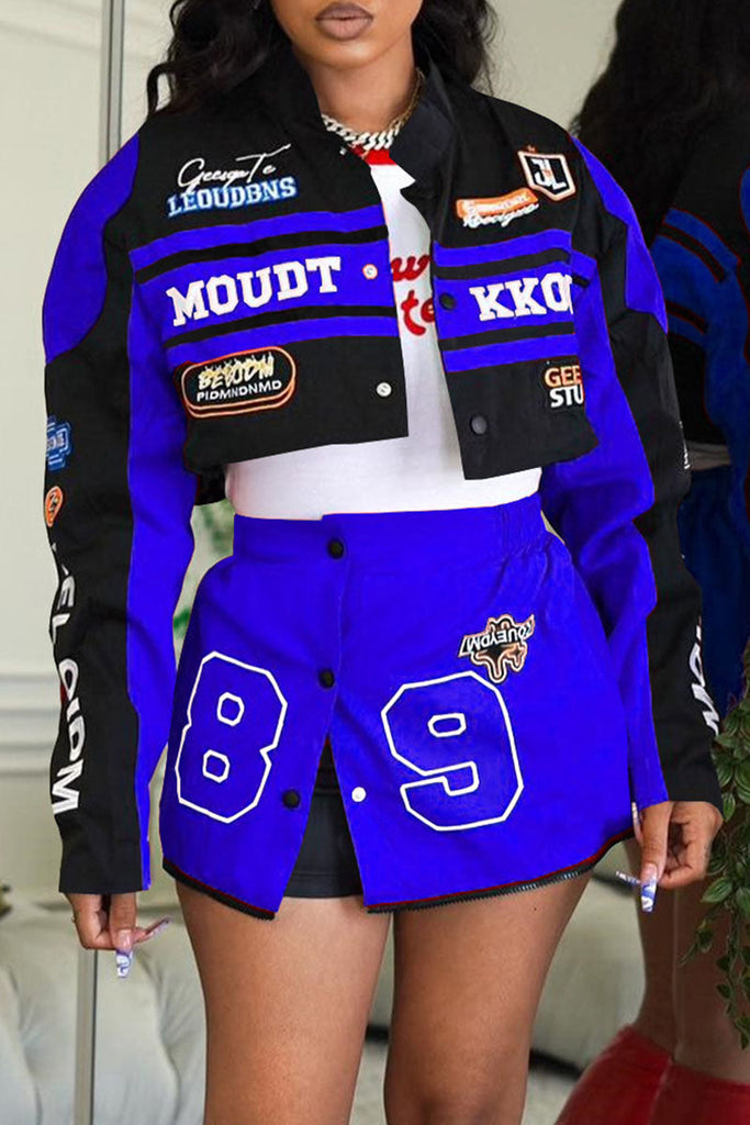 Goosudu Casual Street Print Patchwork Turndown Collar Long Sleeve Two Pieces