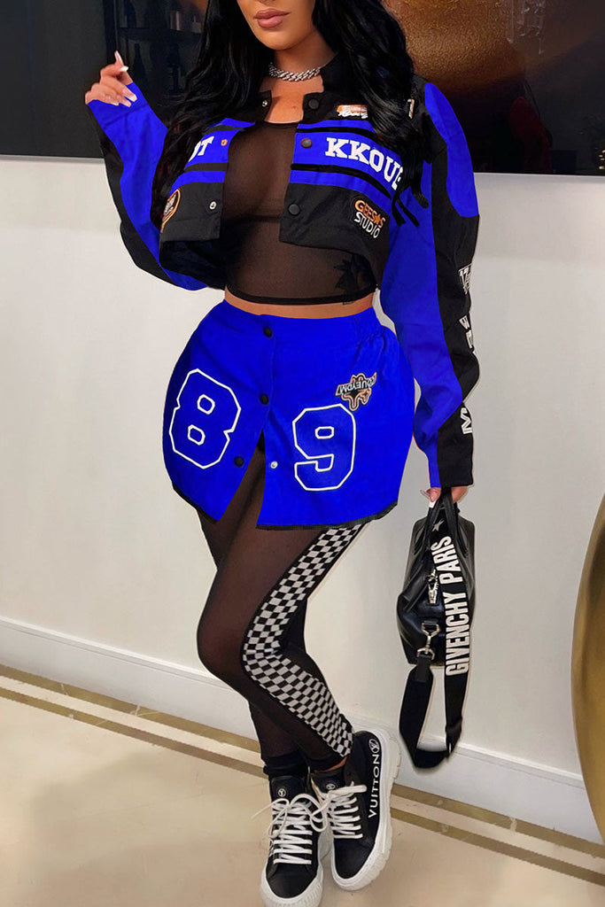 Goosudu Casual Street Print Patchwork Turndown Collar Long Sleeve Two Pieces