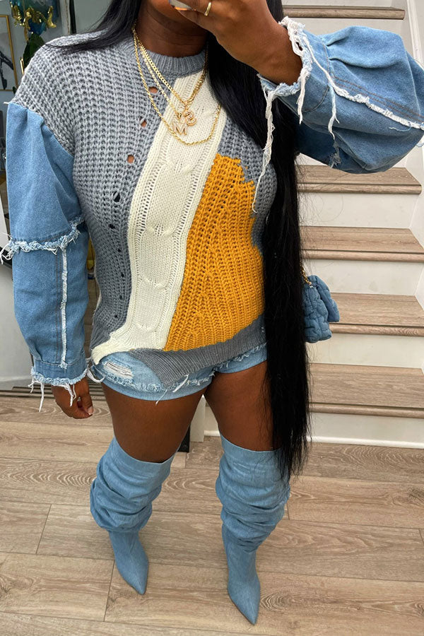 Goosudu Denim Patchwork Unique Hit Color Sweater