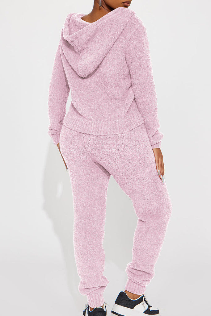 Goosudu Street Solid Patchwork Pocket Zipper Hooded Collar Long Sleeve Two Pieces