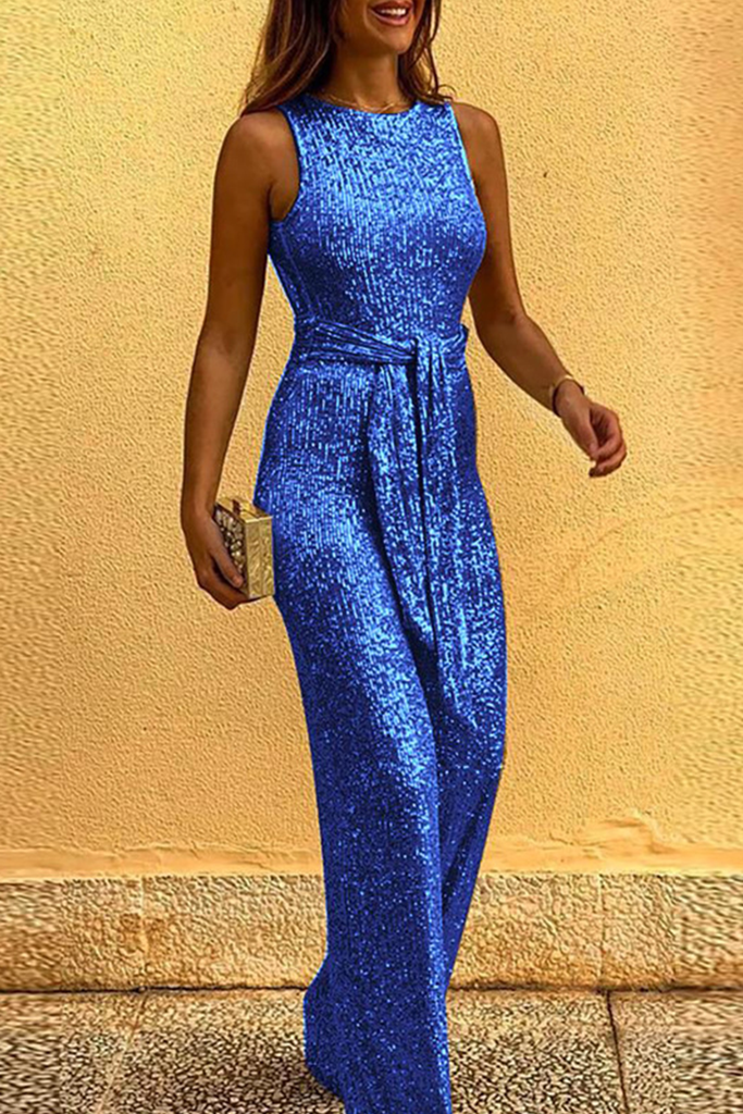 Goosudu Elegant Solid Sequined With Belt O Neck Straight Jumpsuits
