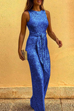 Goosudu Elegant Solid Sequined With Belt O Neck Straight Jumpsuits