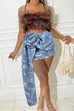 Goosudu 3D Flower Decor Sweet Tie Dye Denim Skirt