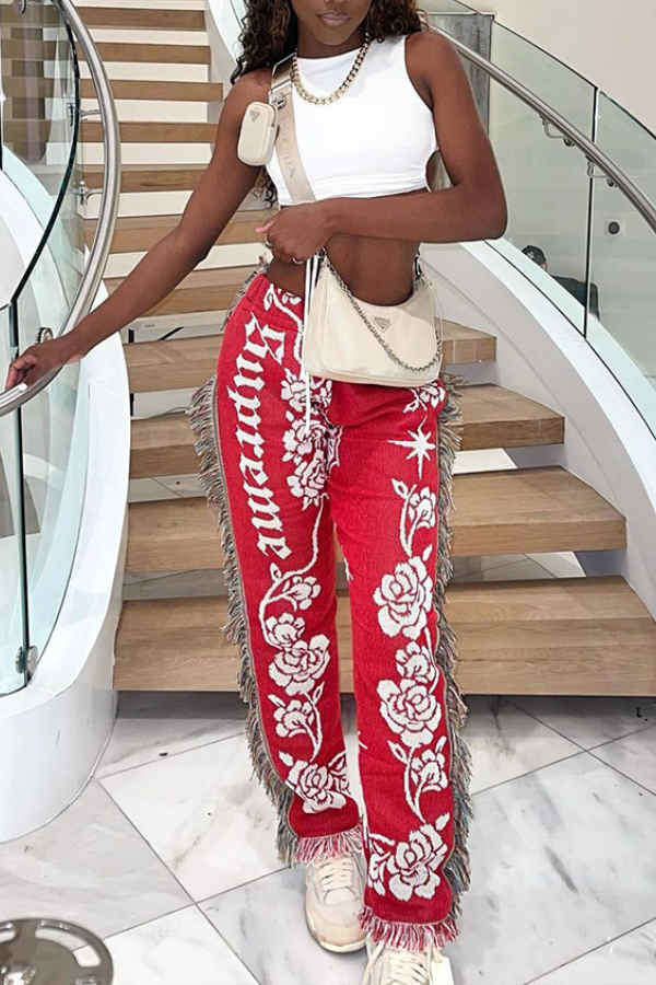 Goosudu Fashion Casual Regular Print Fringe Edge Pants