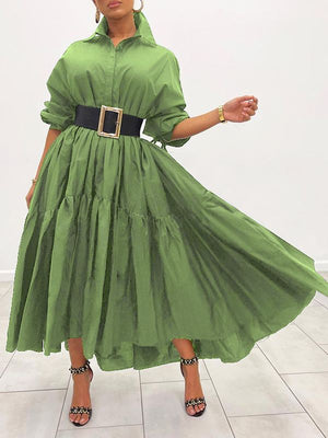 Goosudu Solid Ruffle Shirt Dress