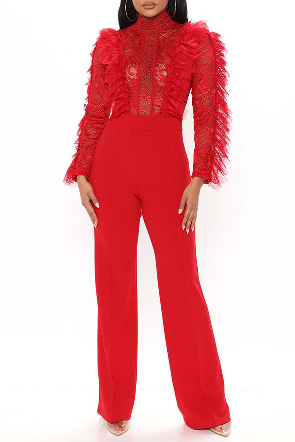 Goosudu Fashion Sexy solid Color Lace Fringed See-Through Jumpsuit