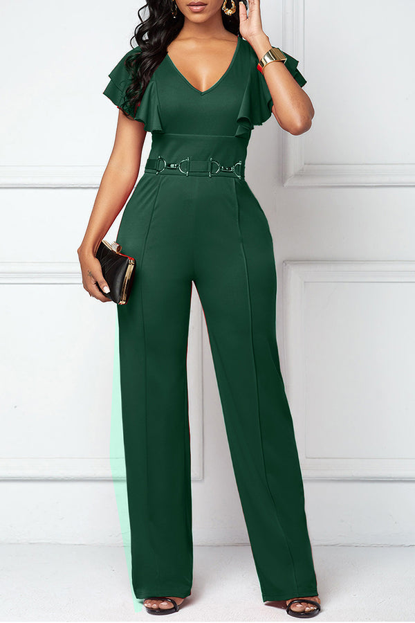 Goosudu Casual Fashion Layered Ruffle Sleeve V-Neck Jumpsuit