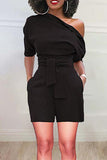 Goosudu Simple Solid Color Diagonal Collar Short Sleeved Belt Rompers
