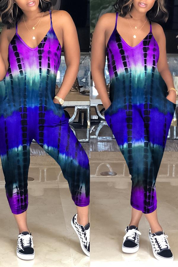 Goosudu Classic Tie Dye V-neck Pocket Jumpsuit