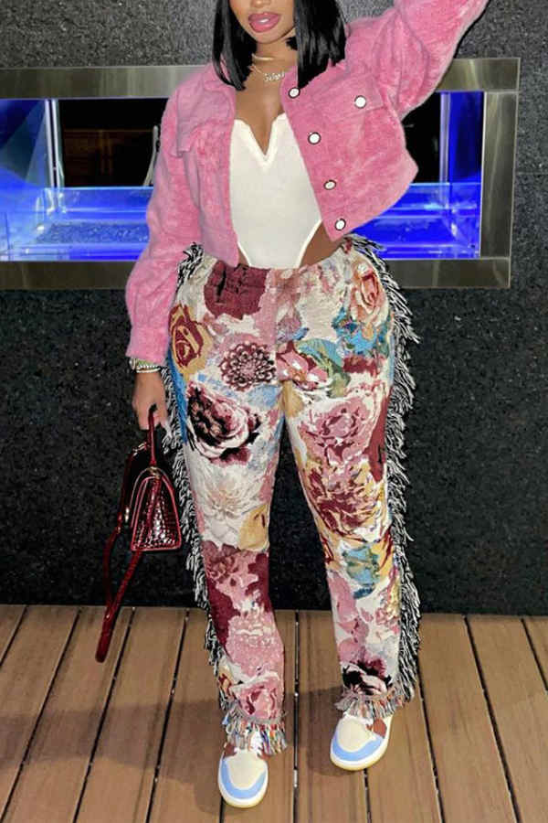 Goosudu Fashion Casual Regular Print Fringe Edge Pants