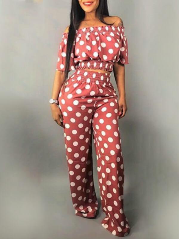 Goosudu Dot Off Shoulder Crop Top & Pants Set