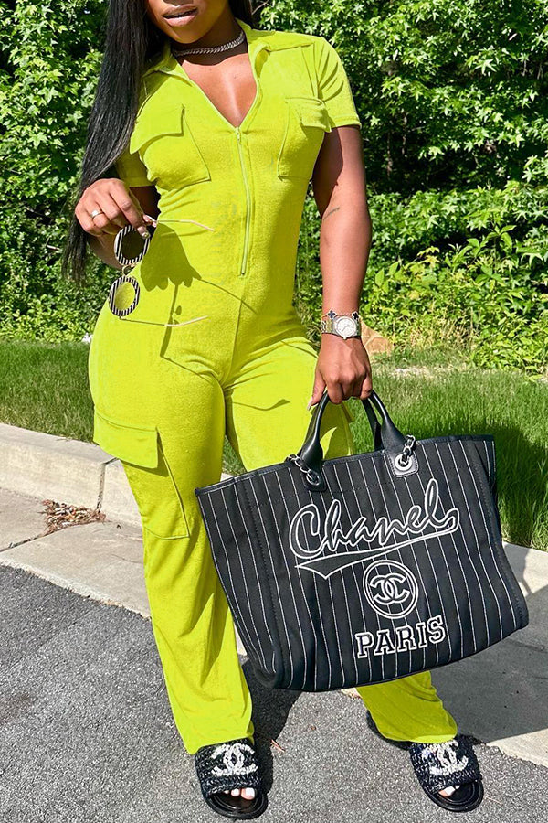 Goosudu Fashion Solid Color Short Sleeve Polo Collar Zip Slim-Fit Stretch Jumpsuits