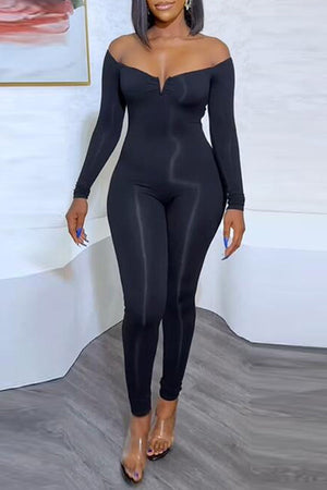 Goosudu Solid Color Off Shoulder Solid Color Long Sleeve Jumpsuit