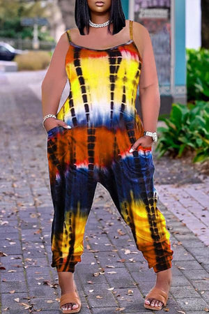 Goosudu Tie Dye U Collar Pocket Casual Jumpsuit
