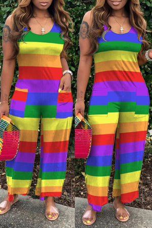 Goosudu Rainbow Striped Printed Loose Sleeveless Jumpsuit