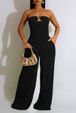 Goosudu Fashion Solid Color U-Shaped Buckle Wrap Chest Tie Rope Wide-Leg Jumpsuit