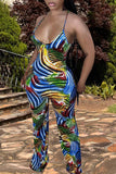 Goosudu Fashion Sleeveless Suspenders Painted Printed Backless Long Jumpsuit With Bandana