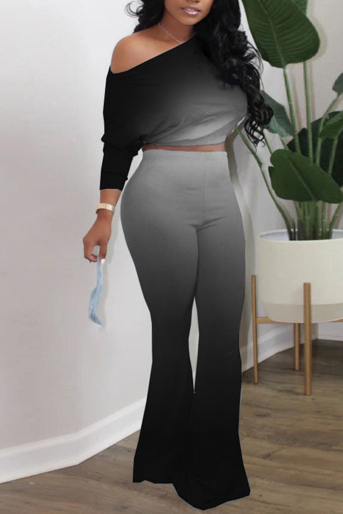 Goosudu Casual Gradual Change Print Patchwork Oblique Collar Long Sleeve Two Pieces