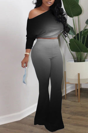 Goosudu Casual Gradual Change Print Patchwork Oblique Collar Long Sleeve Two Pieces