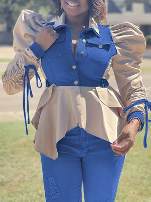 Goosudu Denim-Combo Puff-Sleeve Shirt