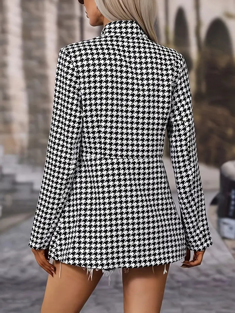 Goosudu Women's Houndstooth Jacket Stand Collar Cardigan Houndstooth Slim Fit Coat