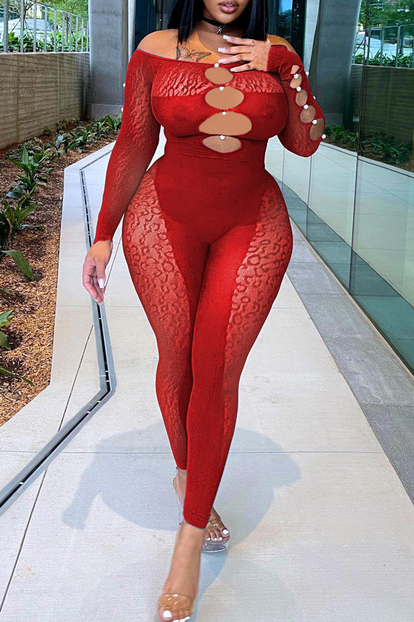 Goosudu Sexy Off Shoulder Sheer Leopard Print Pearl Buckle Chest Cutout Jumpsuits