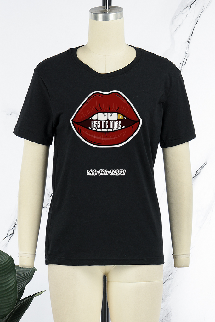 Goosudu Street Daily Lips Printed Letter O Neck T-Shirts