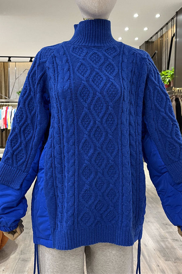 Goosudu Patchwork Unusual Drawstring Twist Knit Sweater