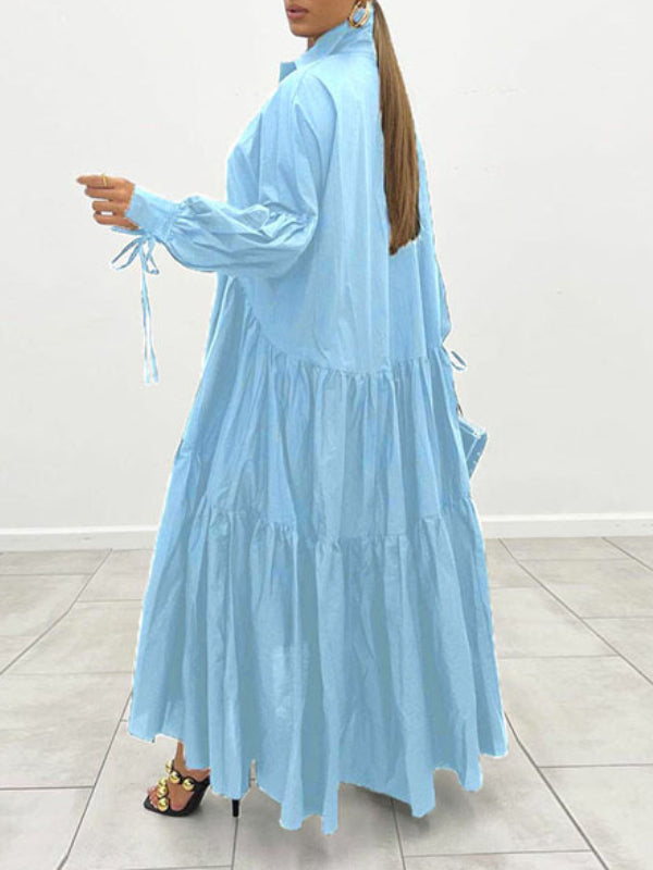 Goosudu Solid Ruffle Shirt Dress