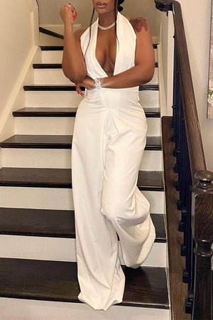Goosudu Solid Color Halter Wide Leg Jumpsuit
