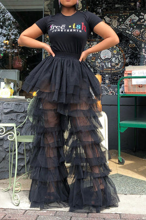 Goosudu Solid Color Whimsical Mesh Tiered Ruffle Pants