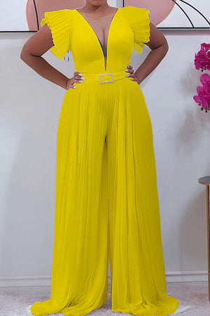 Goosudu Elegant Solid Patchwork Fold V Neck Loose Jumpsuits