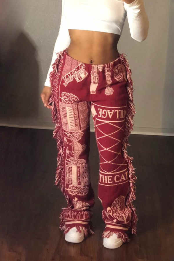 Goosudu Fashion Casual Regular Print Fringe Edge Pants