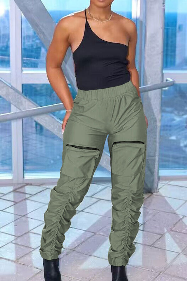 Goosudu Solid Color Casual Pocket Ruched Detail Pants