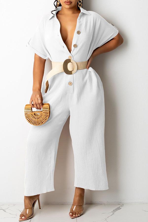 Goosudu Cotton Blend Shirt Collar Single-breasted Pocket Jumpsuit