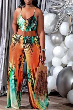 Goosudu Casual Printed Sling Plus Size Jumpsuit (Not Including Belt)