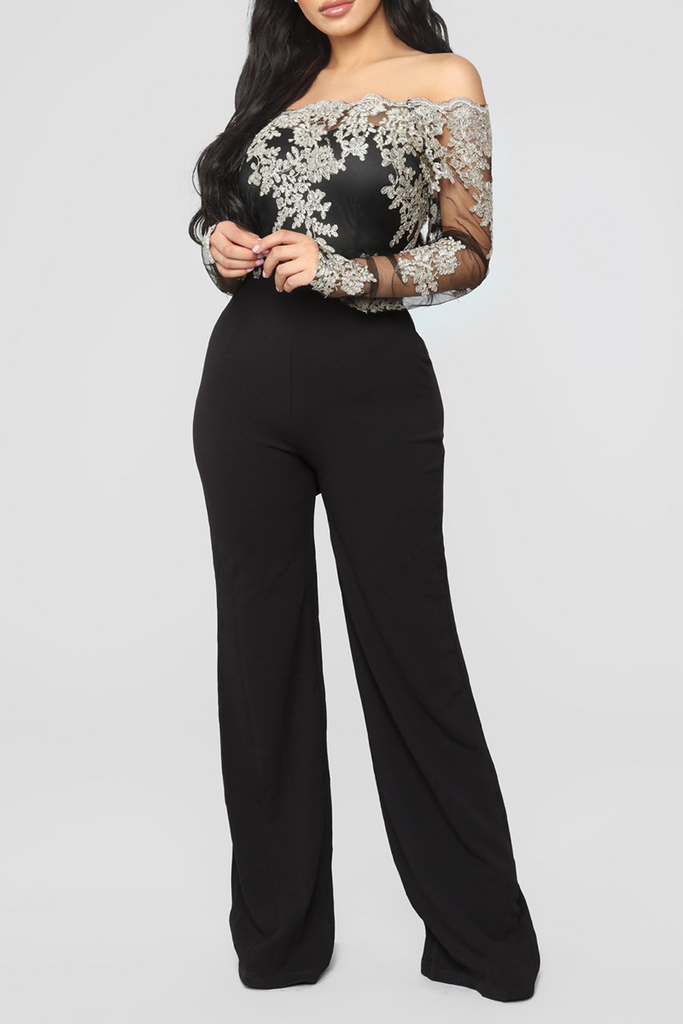 Goosudu Sexy Solid Lace Off the Shoulder Boot Cut Jumpsuits