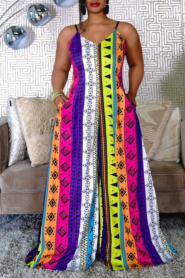 Goosudu Romantic Print Sleeveless Sling Wide-Leg Jumpsuits