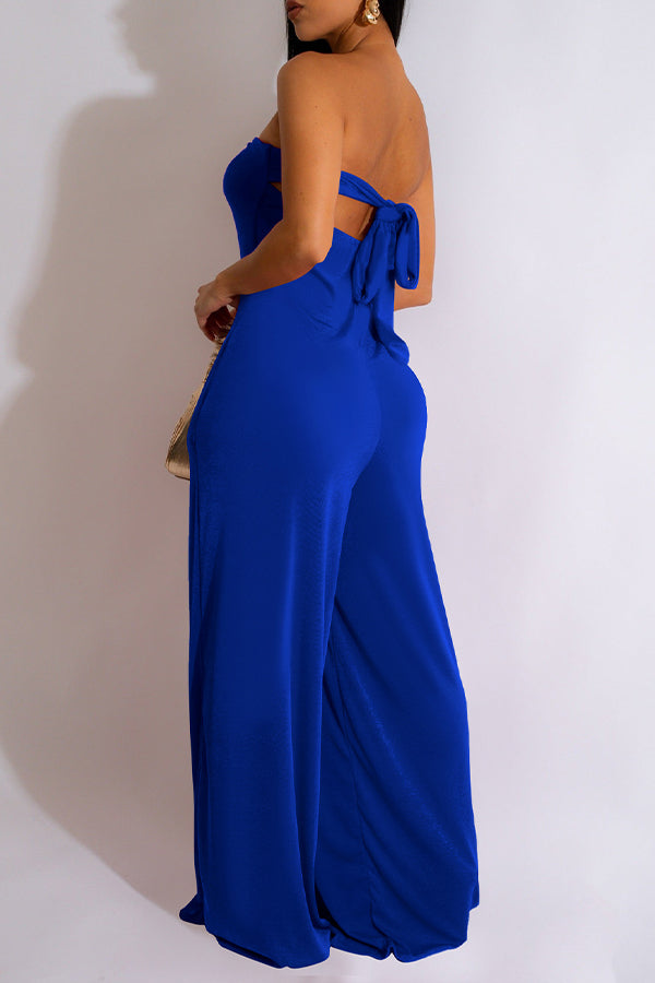 Goosudu Fashion Solid Color U-Shaped Buckle Wrap Chest Tie Rope Wide-Leg Jumpsuit