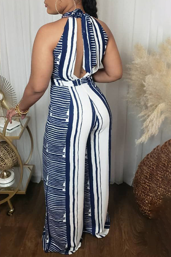 Goosudu Fashion Irregular Stripe Halter Neck Tie Wide Leg Jumpsuit