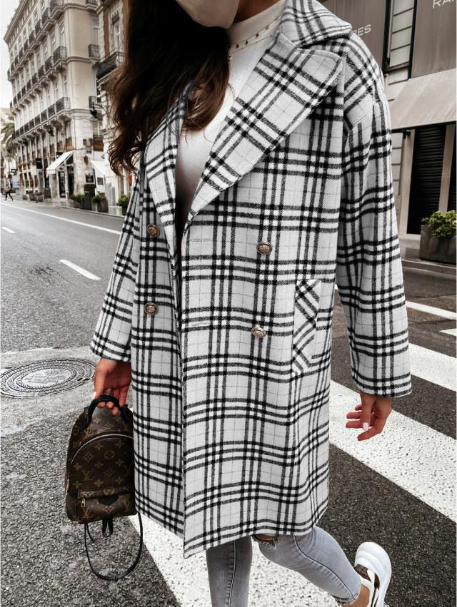 Goosudu Women's Plaid Long Jacket Lapel Double Button Down Plaid Woolen Jacket